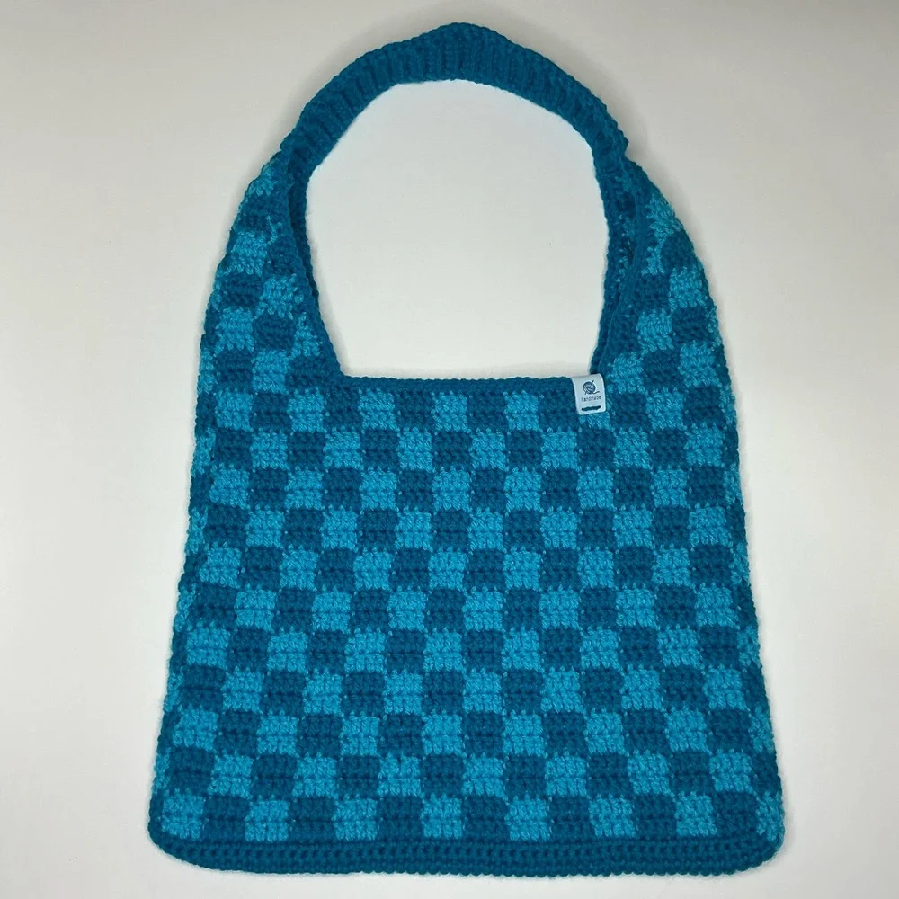 Handmade Sapphire & Cyan Blue Checker Checkerboard Crochet‎ Shoulder Tote Bag